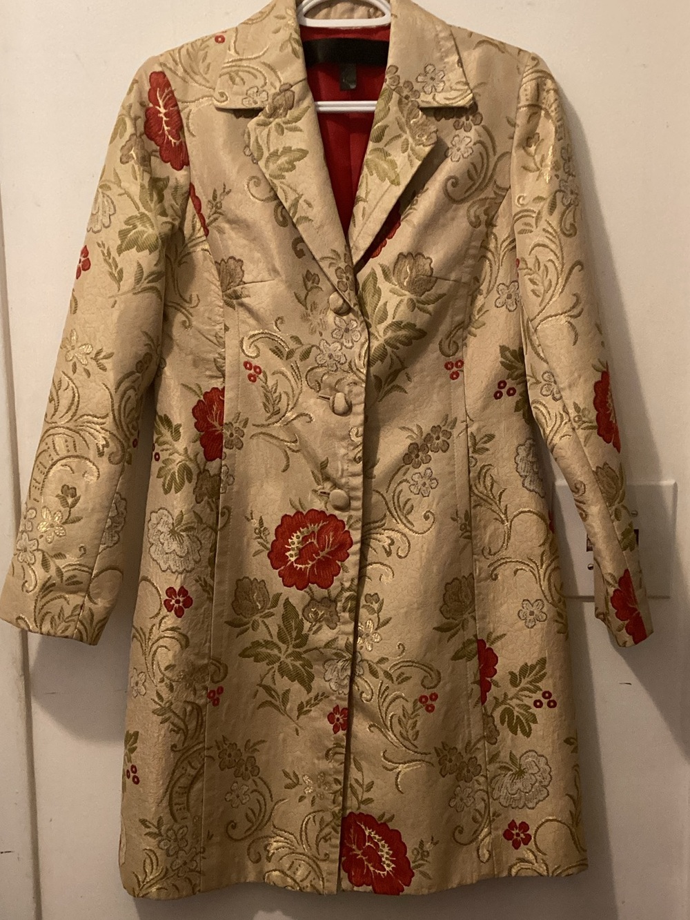 Vintage Cream Floral Brocade Trench Coat with Red Accents